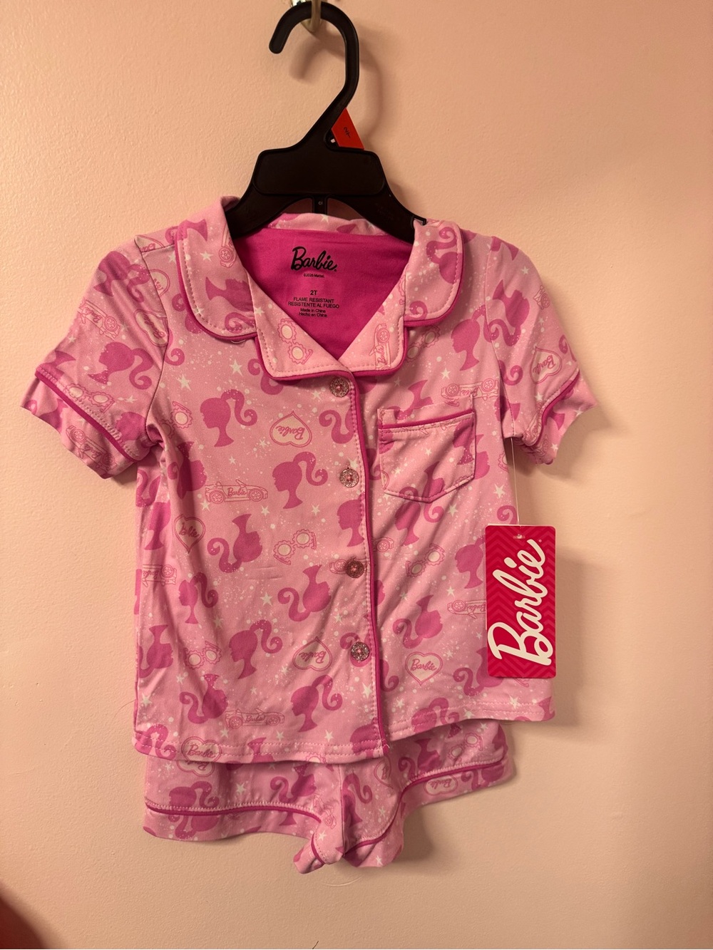 Barbie Pink Short-Sleeve Pajama Set with Doll Silhouettes